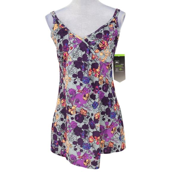 REI Top Womens 14 Sariska Yoga Tunic Gray Purple Stretch Knit Attached Bra New - Picture 1 of 14